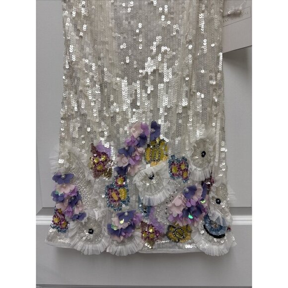 Mac Duggal White Sequin Mini Dress with Pastel Floral Appliqués - Picture 6 of 13